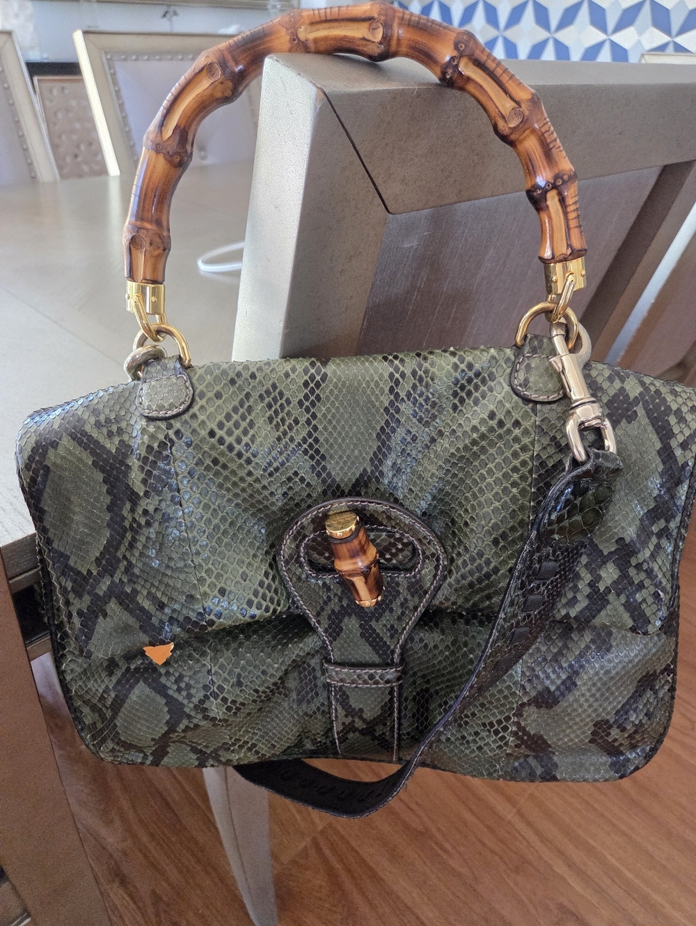 Gucci Olive Green Snake-Print Satchel with Bamboo Handle- AUTHENTIC - Picture 7 of 7